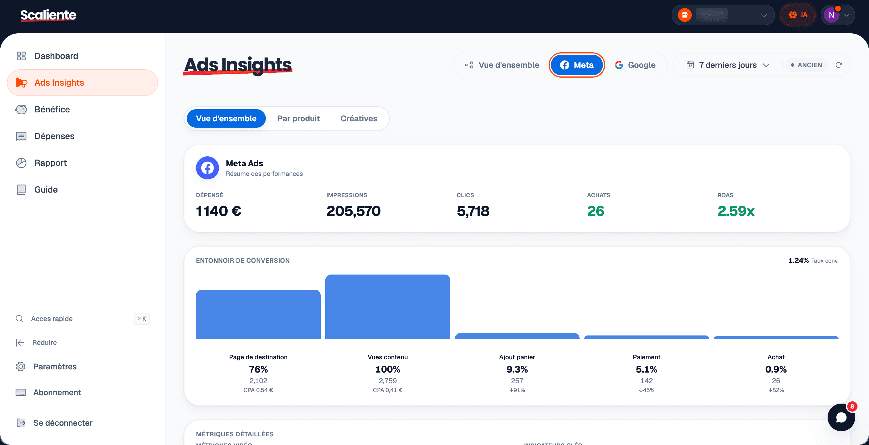Anonymized Meta Ads analysis in Scaliente