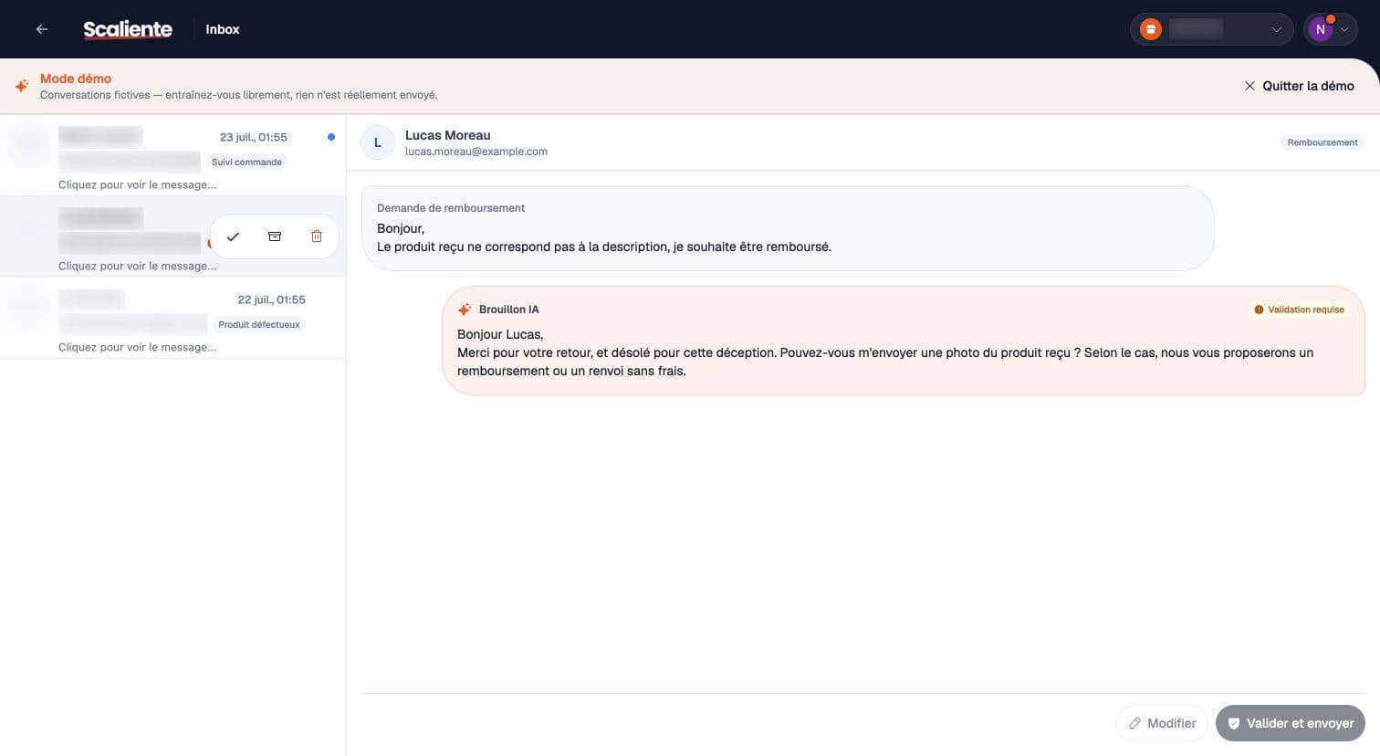 Anonymised Scaliente AI Inbox showing a refund draft that requires approval